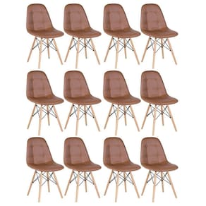 Kit - 12 X Cadeiras Estofadas Eames Eiffel Botonê - Base De Madeira Clara - Marrom