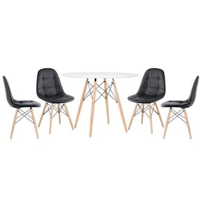 Mesa Redonda Eames 100 Cm Branco + 4 Cadeiras Estofadas Eiffel Botonê Preto Preto