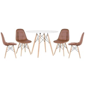 Mesa Redonda Eames 100 Cm Branco + 4 Cadeiras Estofadas Eiffel Botonê Marrom Marrom