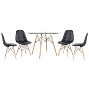 Mesa Eames Com Tampo De Vidro 120 Cm + 4 Cadeiras Estofadas Eiffel Botonê Preto Preto