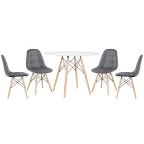 Mesa Redonda Eames 100 Cm Branco + 4 Cadeiras Estofadas Eiffel Botonê Cinza Escuro Cinza Escuro