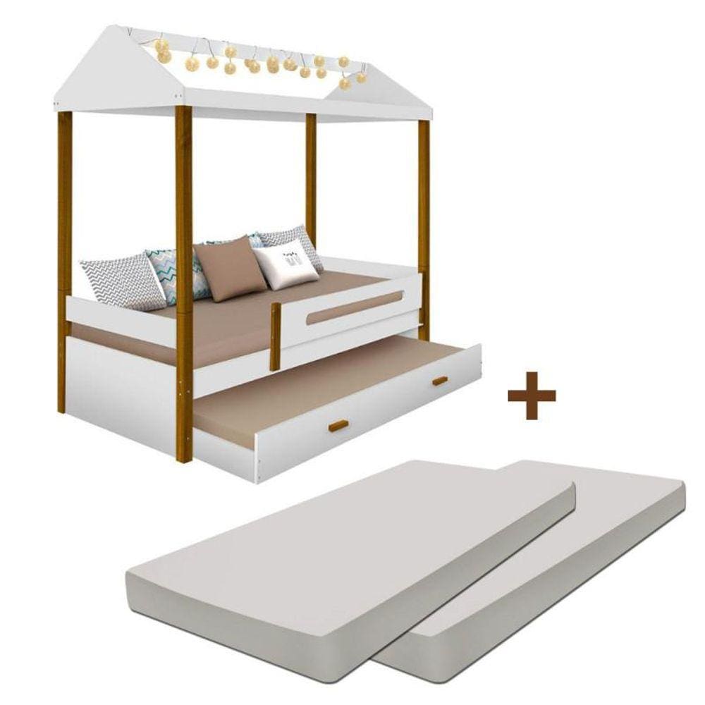 Cama Solteiro Casa Montessoriana com auxiliar, LED e Colchão Sara Branco e Marrom - Branco