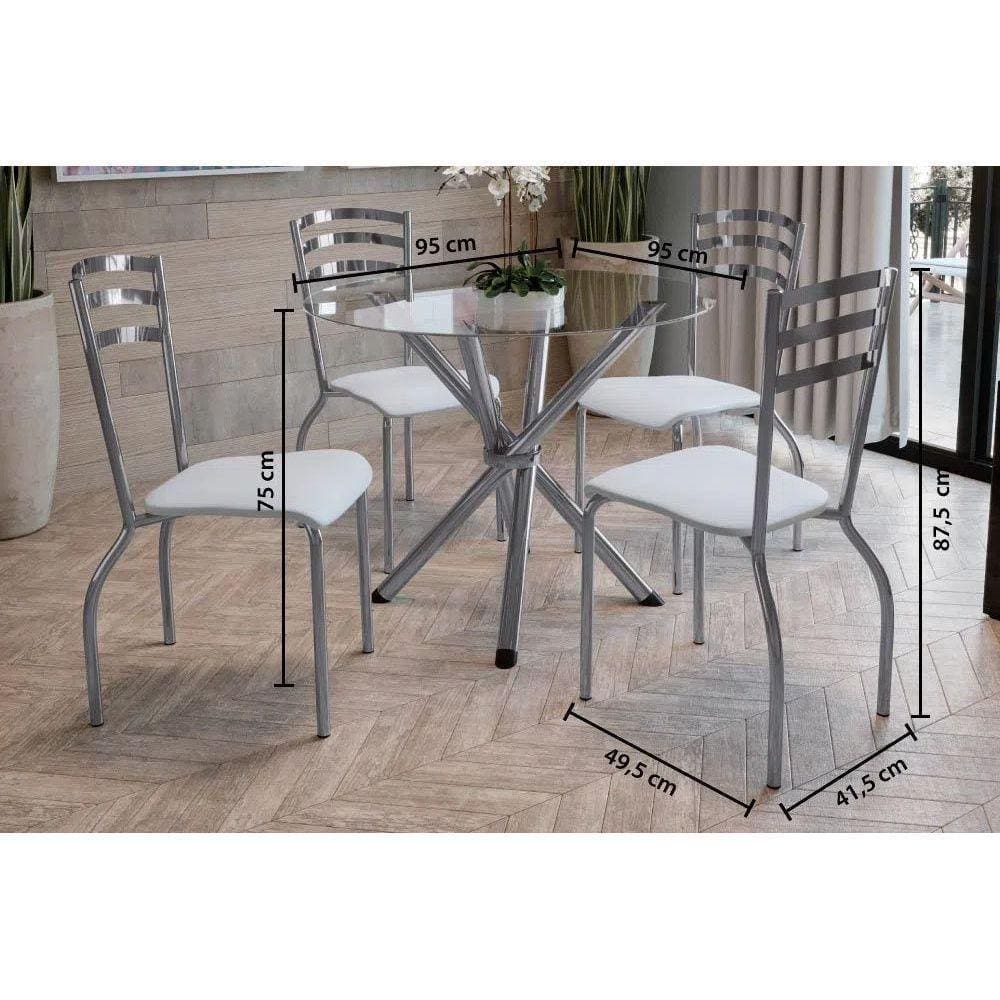 Kit Mesa Volga C- Tampo Vidro 95cm + 4 Cadeiras Portugal Cromada Branco