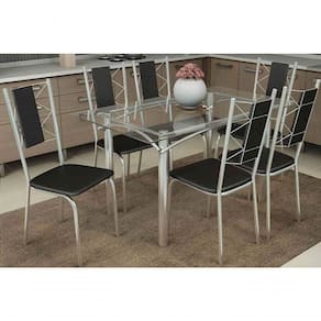 Kit Mesa Elba C- Tampo Vidro 140cm + 6 Cadeiras Lisboa Cromado Courano Marrom