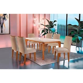 Kit Mesa Londrina Tampo Vidro 180cm + 6 Cadeiras Lunara Imbuia Linho Bege