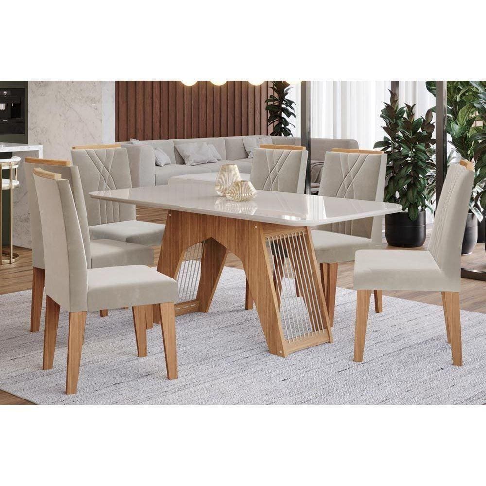 Kit Mesa Tampo Vidro 180cm + 6 Cadeiras Nature Off White Madeira Nude