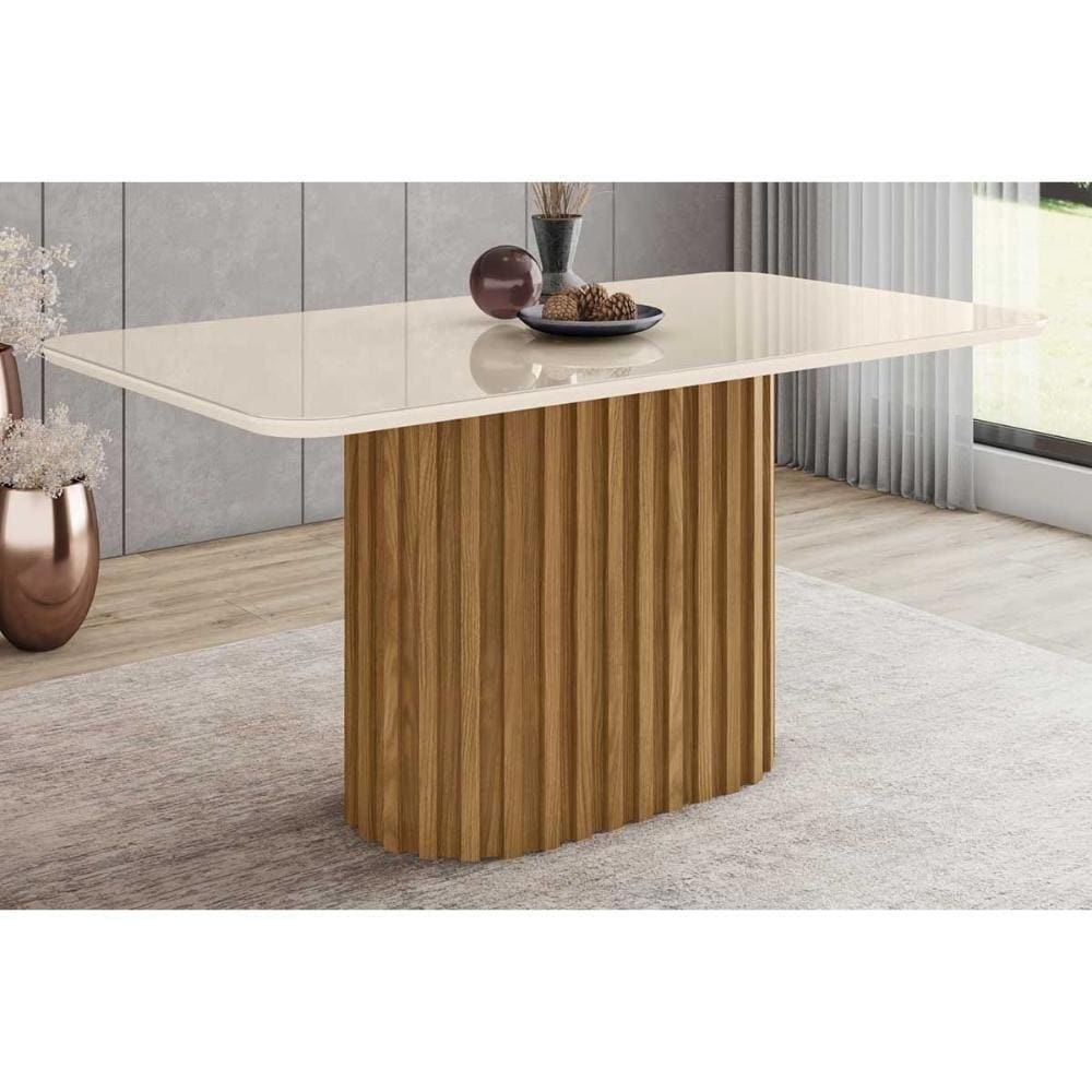 Mesa De Sala Jantar Solana Sc68 + Tampo Madeirado Vidro Curvo 160x90cm Nature-off White