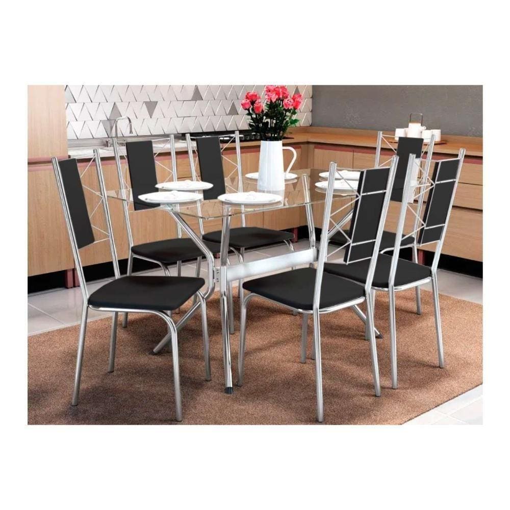 Kit Mesa Loire C- Tampo Vidro 150cm + 6 Cadeiras Lisboa Cromado Courano Preto