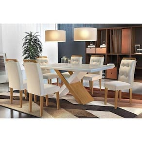 Kit Mesa Tampo Vidro 180cm Canto Reto + 6 Cadeiras Imbuia Creme