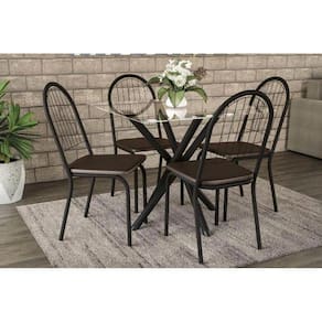 Kit Mesa Volga C- Tampo Vidro 95cm + 4 Cadeiras Noruega Preto Fosco Marrom