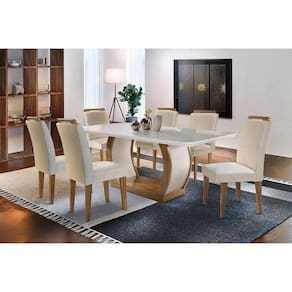 Kit Mesa Tampo Vidro 180cm Canto Curvo + 6 Cadeiras Imbuia Creme