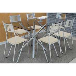 Kit Mesa Volga C- Tampo de Vidro 140cm + 6 Cadeiras Nápoles Cromada Nude