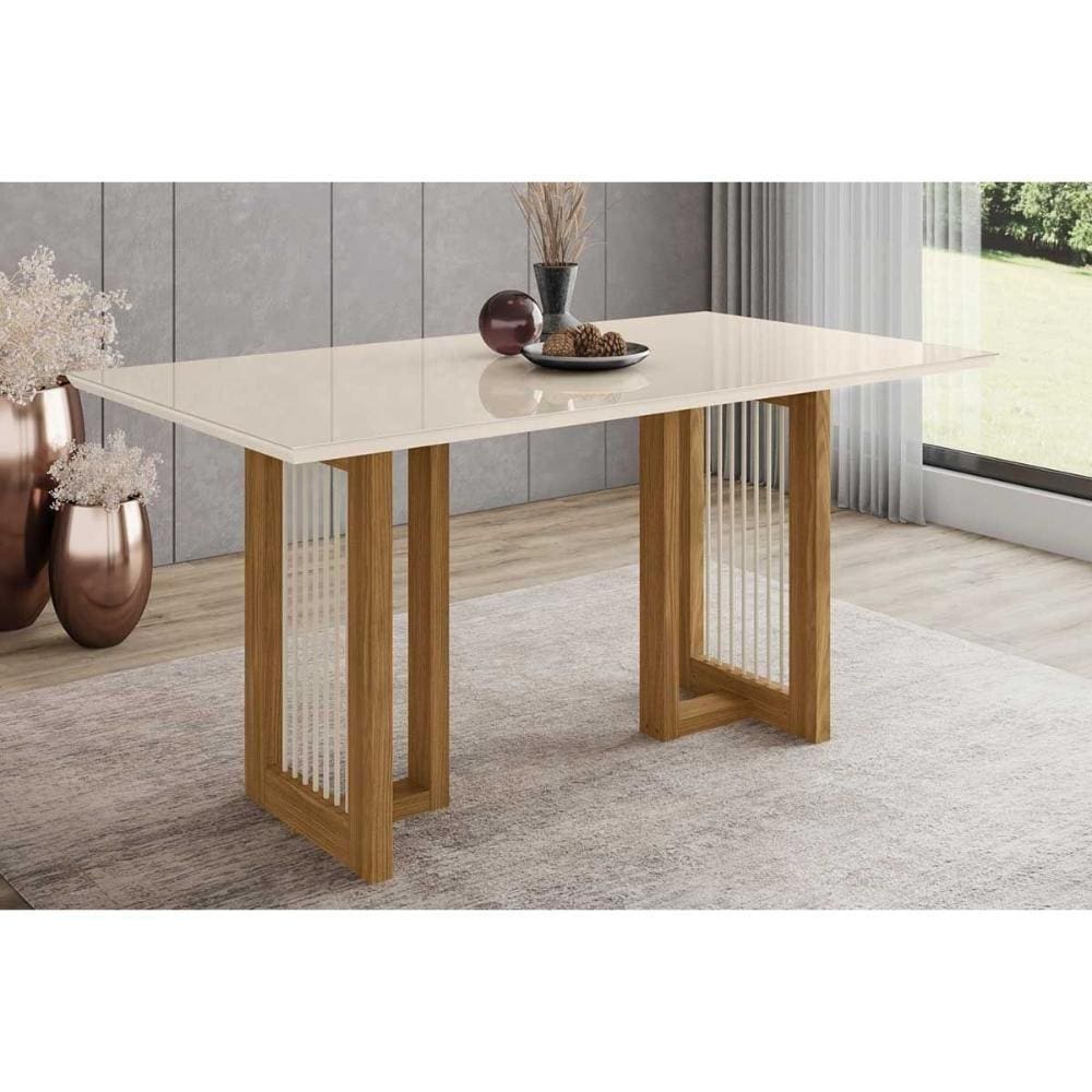 Mesa De Sala Jantar Yara Sc78 + Tampo Madeirado Vidro Reto 160x90cm Nature-off White