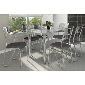 Kit Mesa Elba C- Tampo de Vidro 140cm + 6 Cadeiras Nápoles Cromada Preto
