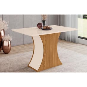 Mesa De Sala Jantar Luiza Sc42 + Tampo Madeirado Vidro Curvo 120x80cm Nature-off White