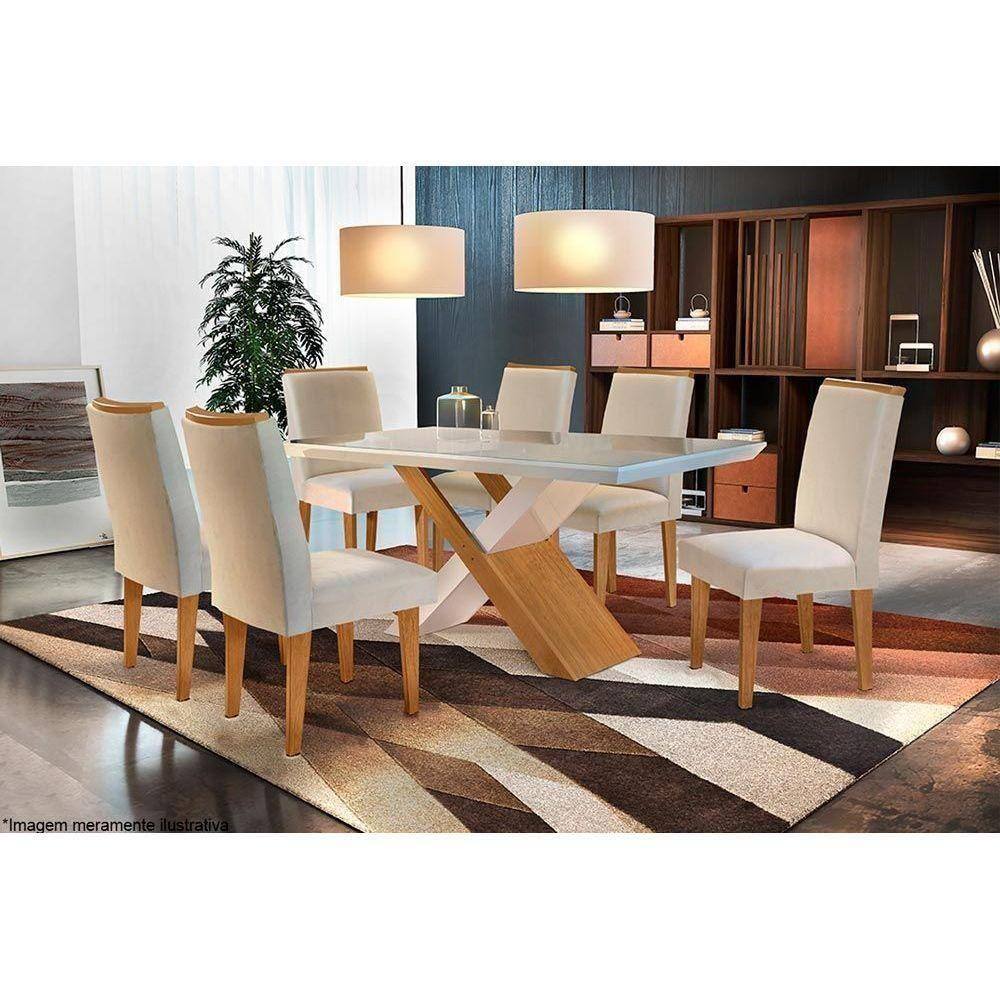 Sala De Jantar Completa C/ Tampo Madeirado C/ Vidro Canto Reto 6 Cadeiras Lunara Imbuia/ow/creme