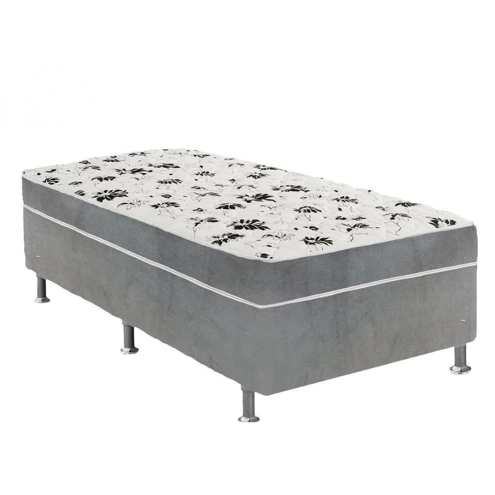 Cama Box Solteiro Suede Cinza + Colchão Solteiro Suede Cinza Orto Molas Bonnel 88x188x55