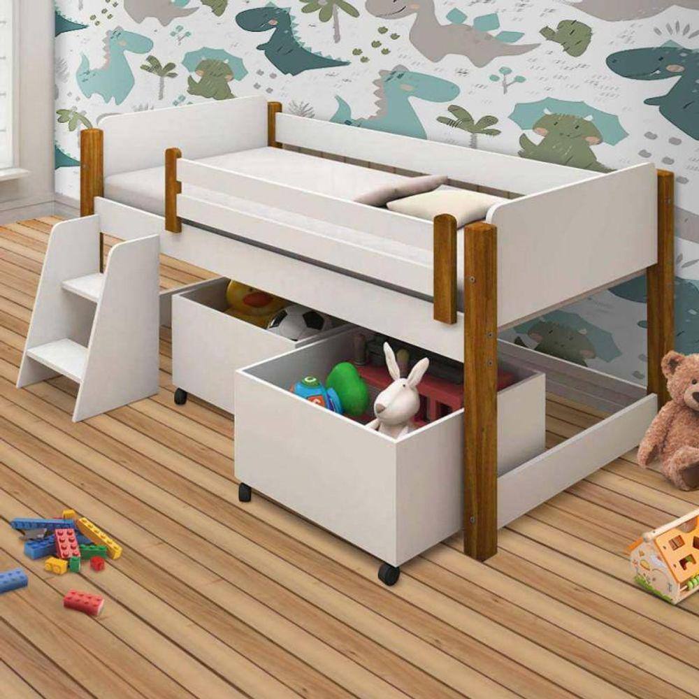 Cama Solteiro Divaloto com 2 baús e Escadinha Naty Branco/Amendoa - Branco