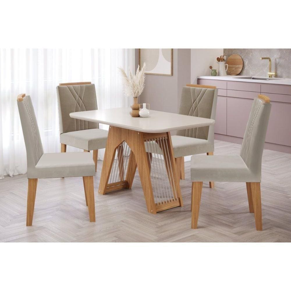 Kit Mesa Carol C- Tampo Vidro 130cm + 4 Cadeiras Nature Off White Madeira Nude