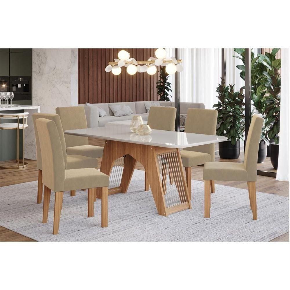 Kit Mesa C- Tampo Vidro 180cm + 6 Cadeiras Nature Off White Gengibre