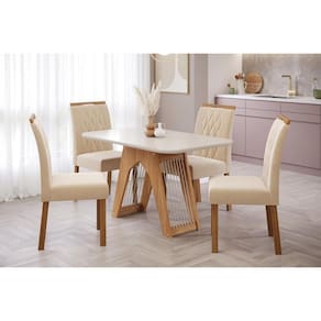 Kit Mesa Carol C- Tampo Vidro 130cm + 4 Cadeiras Nature Off White Madeira Nude