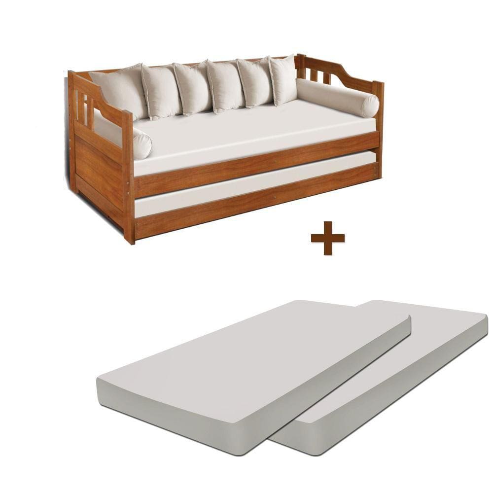Sofa cama solteiro de madeira maciça com cama auxiliar e colchão Atraente castanho