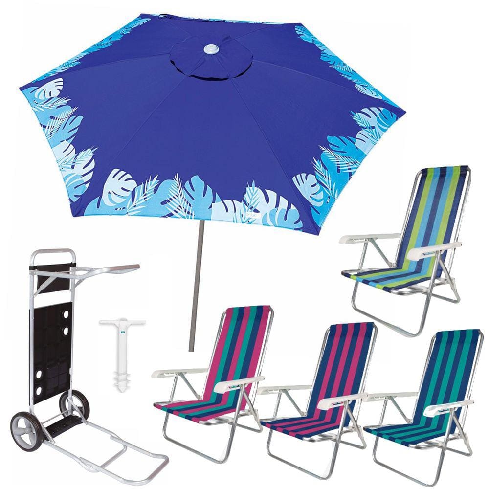 Kit Guarda Sol Ombrelone 2,4m Azul Carrinho Praia Avanço 4 Cadeira Reclinável 4 Posições Saca Areia - Tobee
