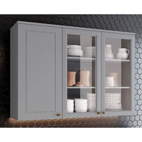 Armário De Cozinha Modulado Americana C/ 3 Portas (2 C/ Vidro) 120cm Cinza - Henn