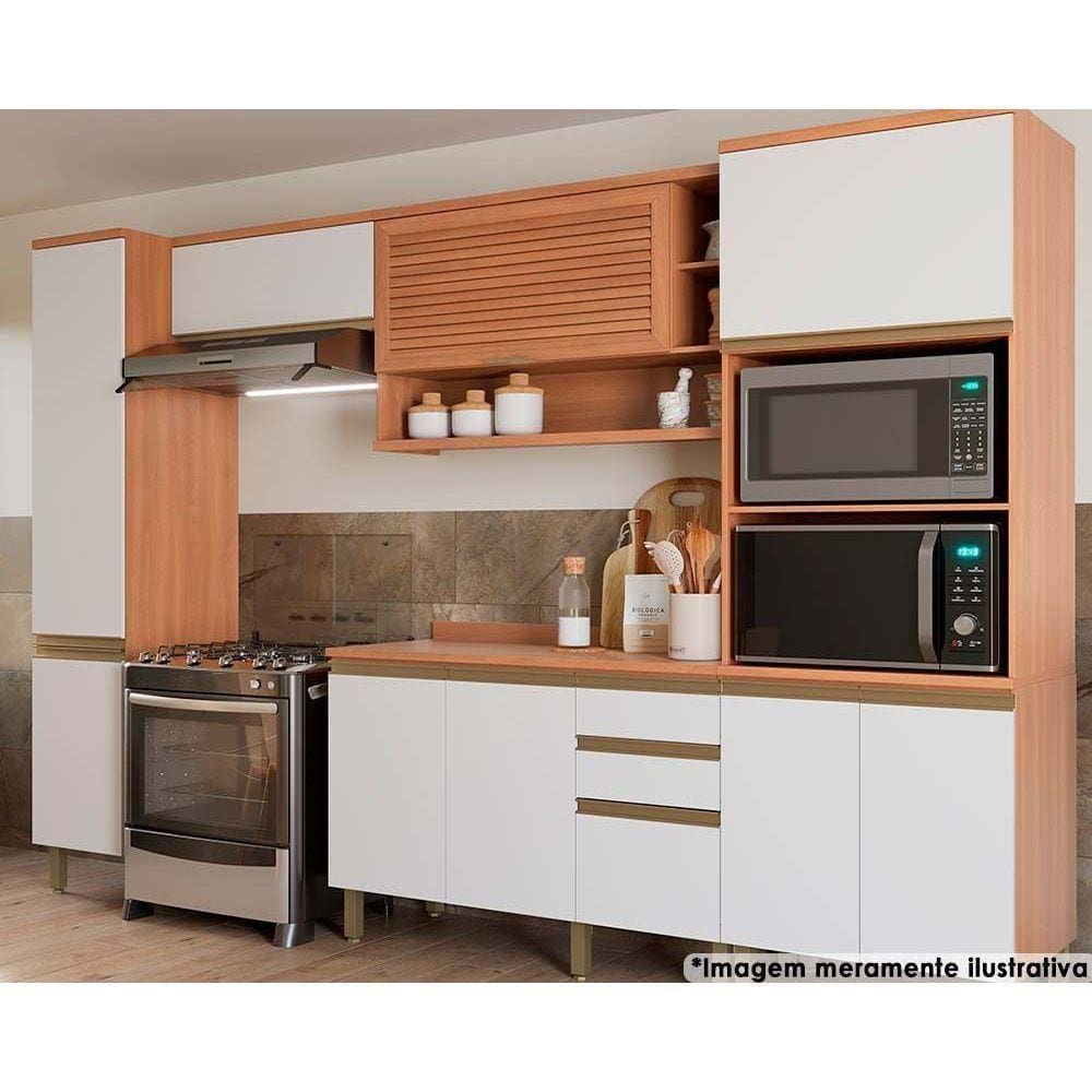 Cozinha Completa Thela Macadâmia (2 Aéreos + 1 Balcão + 2 Paneleiros) 5pçs Freijo/branco - Telasul