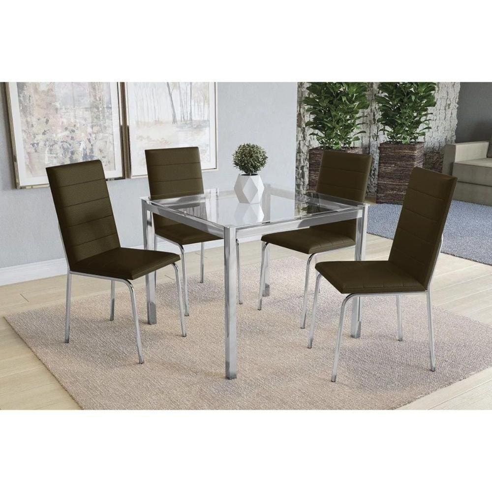 Kit Mesa Reno C- Tampo de Vidro 90cm + 4 Cadeiras Amsterdã Cromado Marrom
