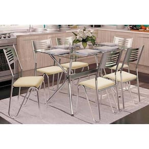 Kit Mesa Loire C- Tampo de Vidro 120cm + 6 Cadeiras Nápoles Cromada Nude