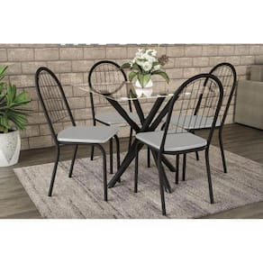 Kit Mesa Volga C- Tampo de Vidro 95cm + 4 Cadeiras Noruega Preto Fosco Branco