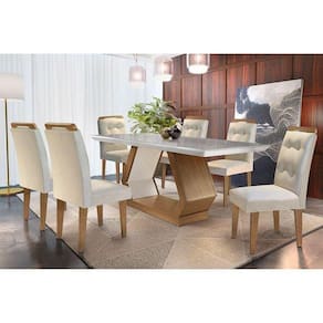 Kit Mesa C- Tampo Vidro Canto Reto 180cm + 6 Cadeiras Imbuia Creme