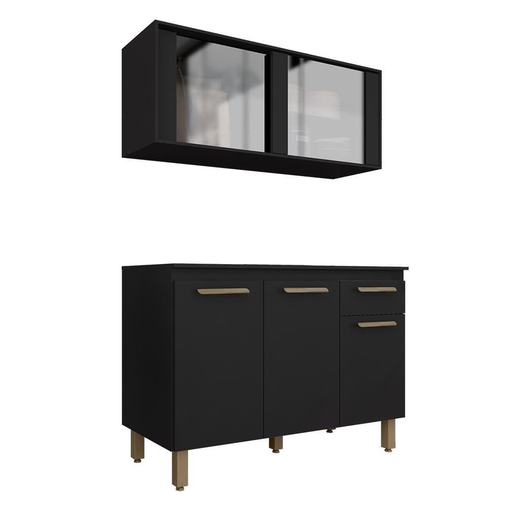 Cozinha Modulada Com Vidro 2 Peças Tieli Preto - Móveis Arapongas