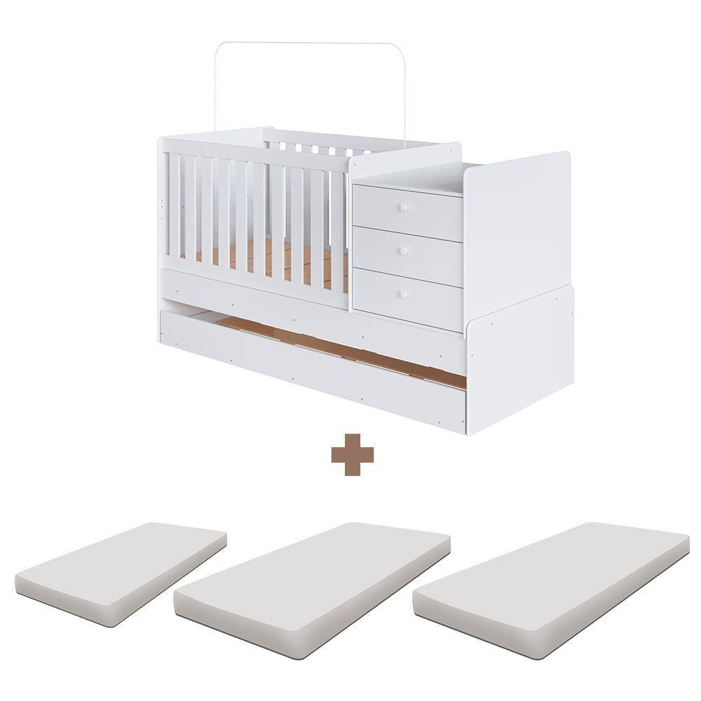 Berço Cama Multifuncional Com Auxiliar Com 3 Colchões Branco Arya Completa Móveis - Branco