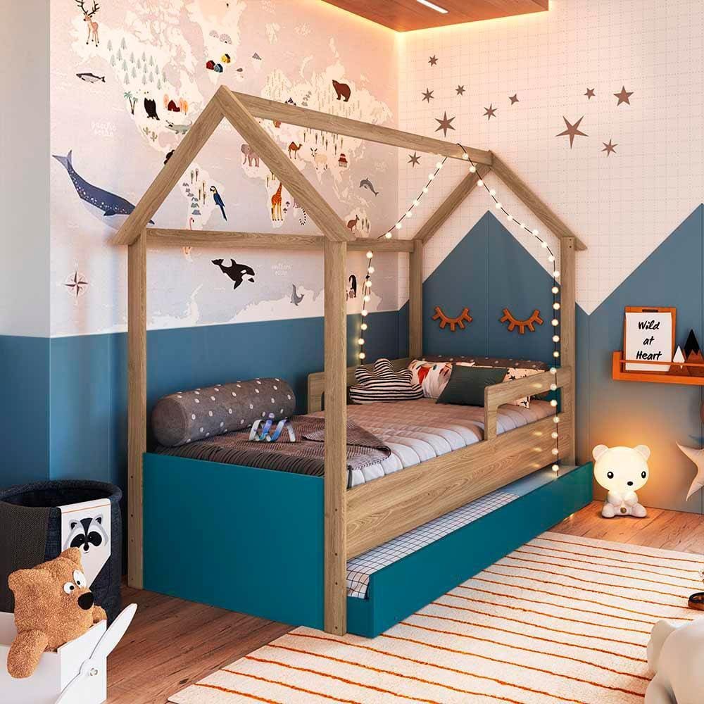 Cama Infantil Casinha Com Auxiliar E 2 Colchões Aveiro Oak Azul Secreto Sonho Completa Móveis - Marrom