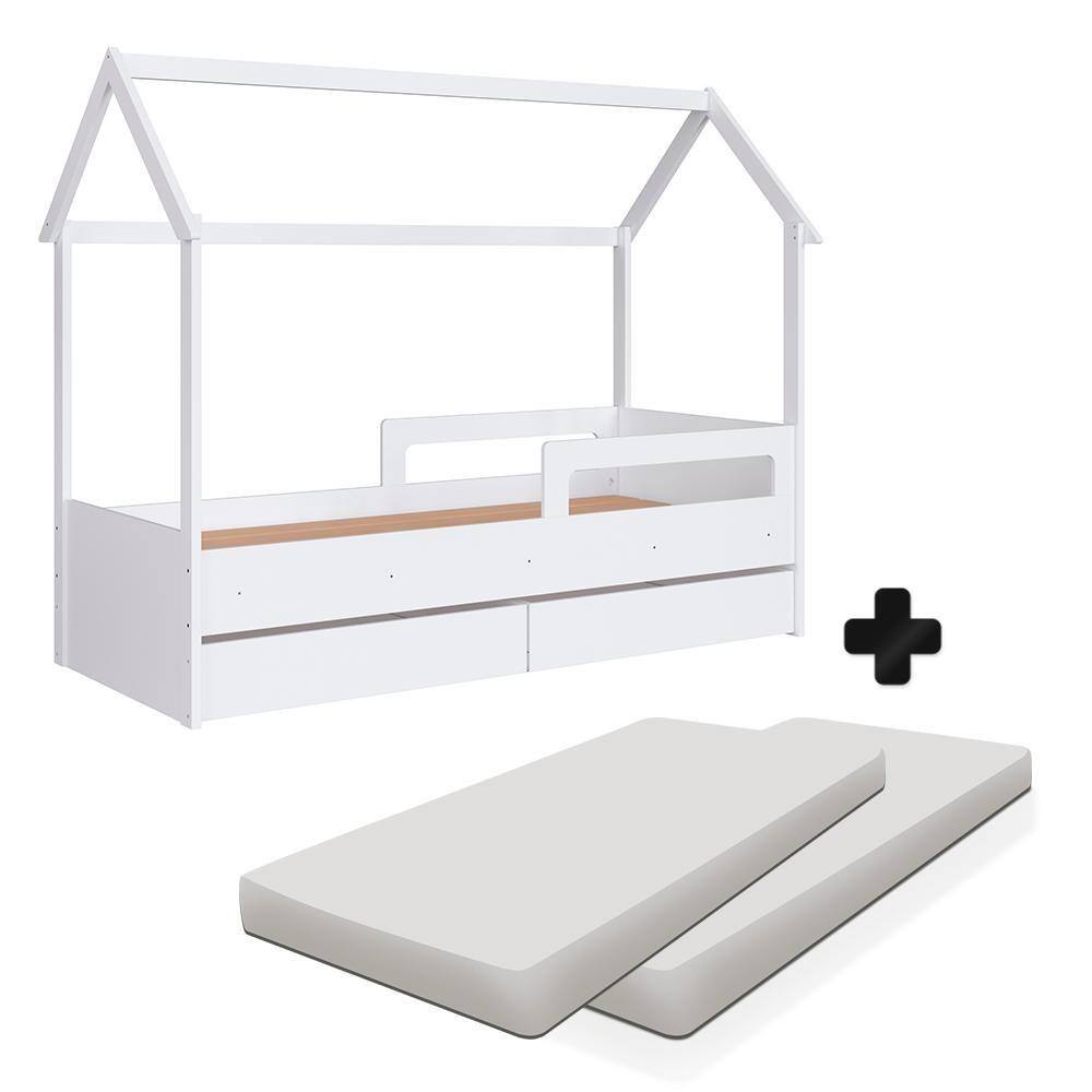 Cama Casinha Montessoriana Com Colchão Solteiro 2 Gavetas Branco Sorriso Shop JM - Branco
