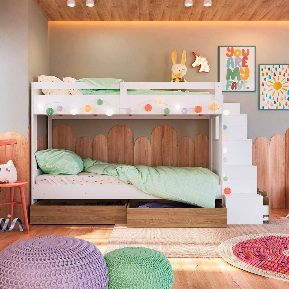 Beliche Infantil Solteiro Com 02 Gavetões Branco Aveiro OAK Easton Shop Jm - Marrom