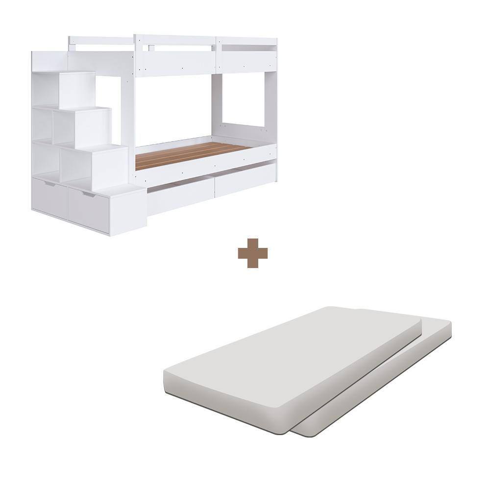 Beliche Solteiro Com 02 Colchões E Gavetões Branco Stoney Completa Móveis - Branco
