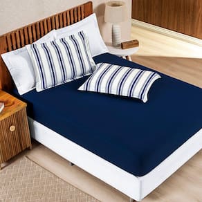Jogo Cama Lençol Daily King Malha 100% Algodão Listrado 3 Peças - Azul Marinho