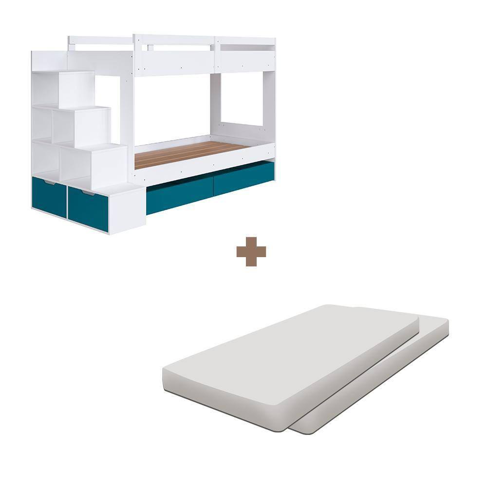 Beliche Solteiro Com 02 Colchões E Gavetões Branco Azul Stoney Completa Móveis - Branco