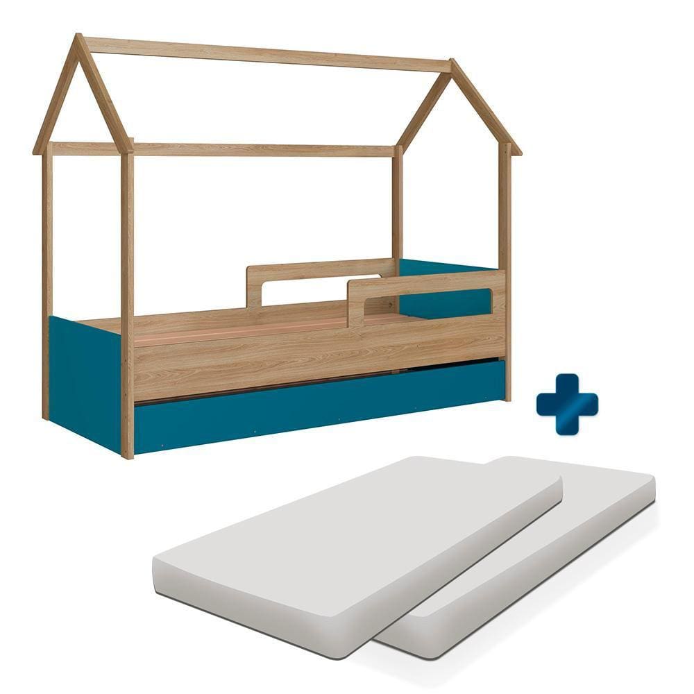 Bicama Casinha Montessoriana Com 2 Colchões Solteiro Aveiro Oak Azul Secreto Sorriso Shop JM - Marrom