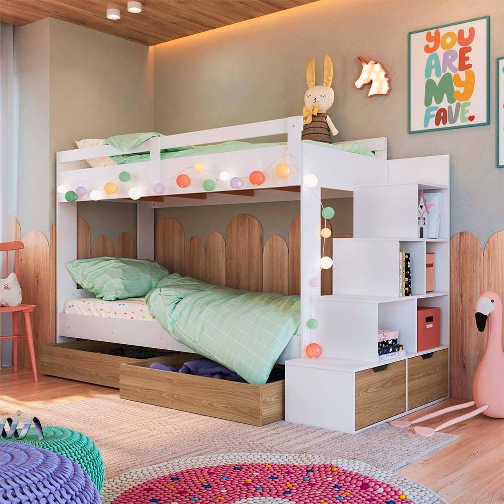 Cama Beliche Solteiro Com 05 Nichos E 02 Colchões Branco Aveiro OAK Decker Shop Jm - Marrom