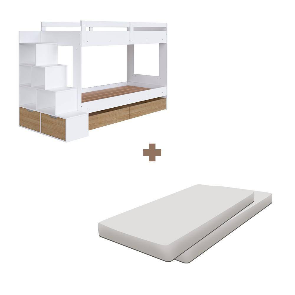 Beliche Solteiro Com 02 Colchões E Gavetões Branco Aveiro OAK Stoney Completa Móveis - Marrom