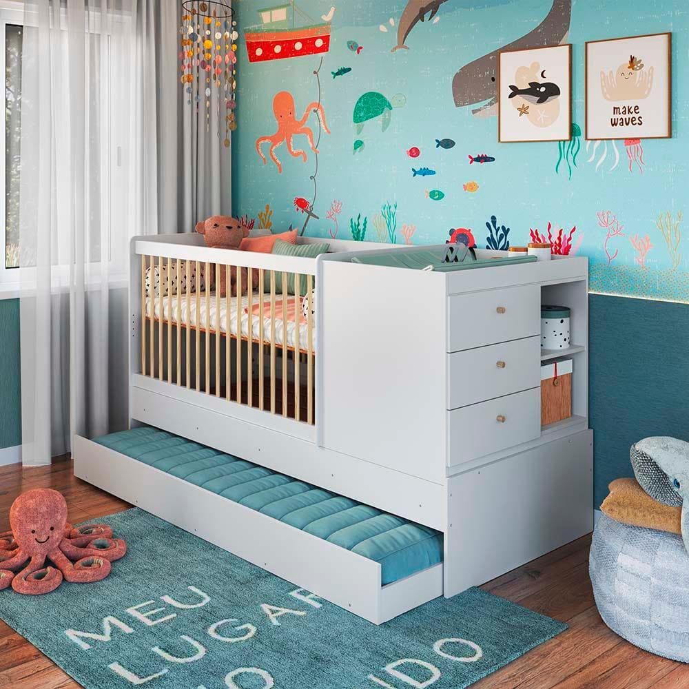 Berço Cama Multifuncional Com Auxiliar 3 Em 1 84cm x 194cm Branco Posie Completa Móveis - Branco