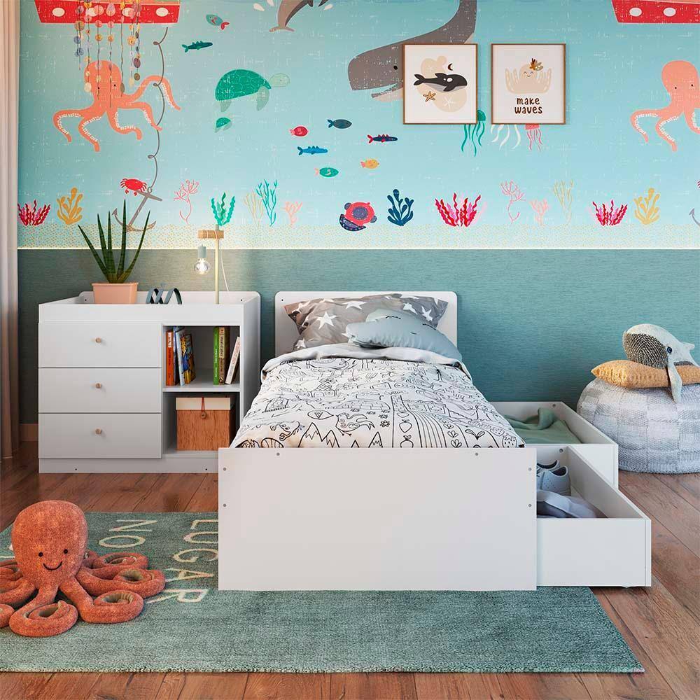 Cama Com Cômoda E Gavetões 3 Em 1 Branco Judith Shop Jm - Branco