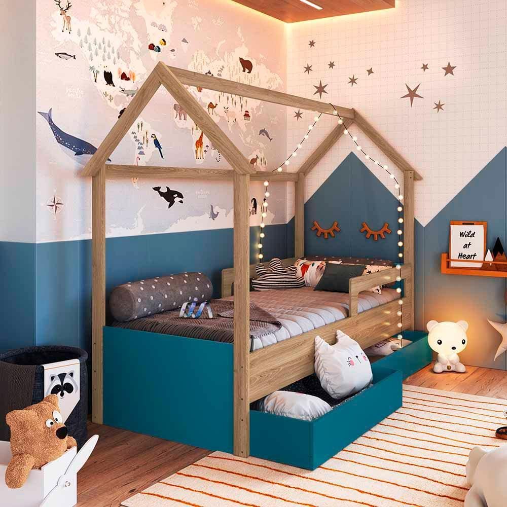 Cama Infantil Casinha Com Colchão Solteiro 2 Gavetas Aveiro Oak Azul Secreto Sonho Completa Móveis - Marrom