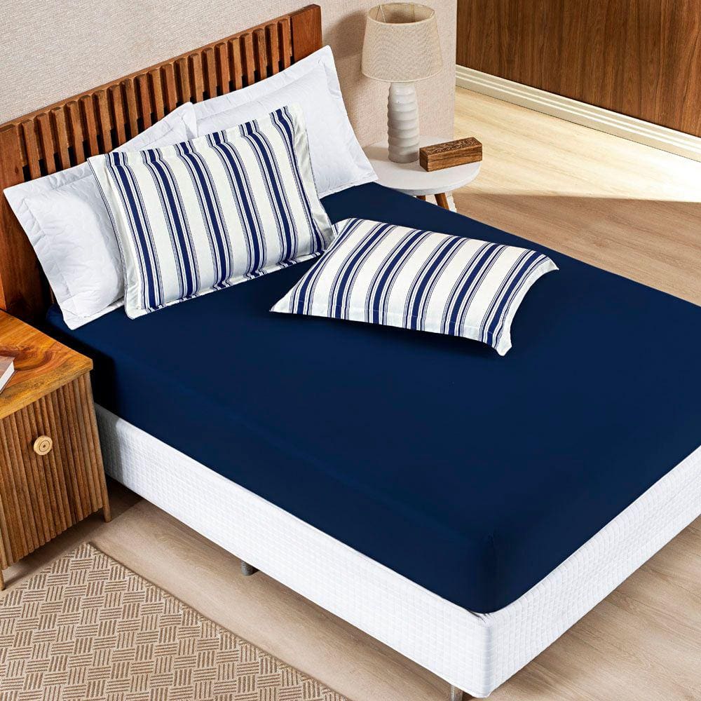 Jogo Cama Lençol Daily Queen Malha 100% Algodão Listrado 3 Peças - Azul Marinho