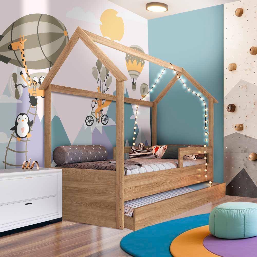 Cama Infantil Solteiro Com 2 Colchões E Auxiliar Casinha Aveiro Oak Carrossel Shop JM - Marrom