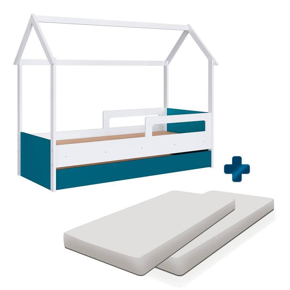 Bicama Casinha Montessoriana Com 2 Colchões Solteiro Branco Azul Secreto Sorriso Shop JM - Branco
